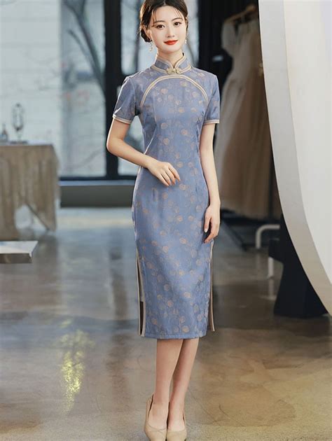 blue jacquard mid tea qipao cheongsam dress cozyladywear