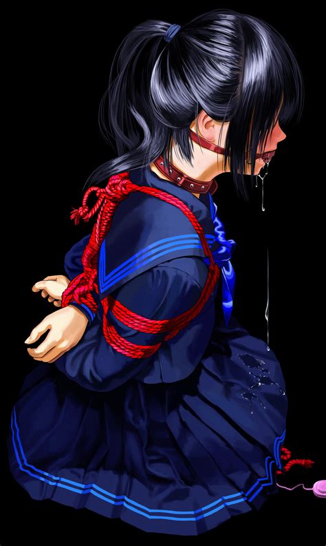 Itou Tatsuya Original Highres 1girl Arms Behind Back Ball Gag Bdsm Black Hair Blue