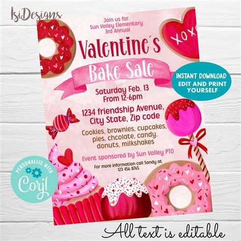 Editable Valentines Day Bake Sale Fundraiser Flyer Etsy