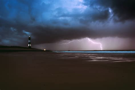 Lighthouse Lightning Sea Ocean Beach Weather Wallpaper Hd Nature 4k