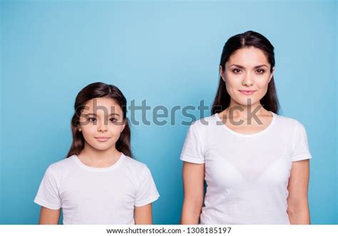 Close Up Photo Amazing Pretty Two People Brown Haired Mum And Small Daughter Standing Straight