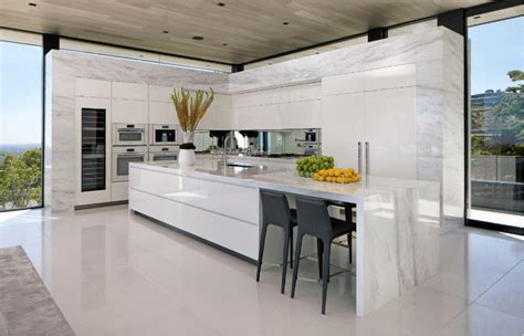 Modern Marble L Shaped Luxury Kitchen With Long Island Two Double Wall