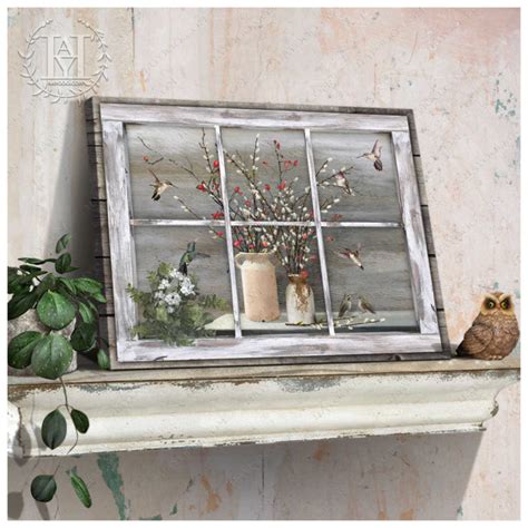 Hayooo Faux Window Canvas Vintage Willows And Hummingbirds Wall Art For