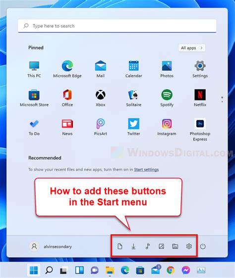 Add Settings Folders Etc On Start Next To Power Button In Windows 11