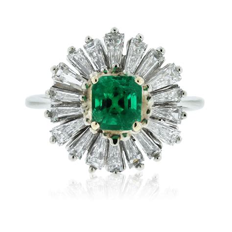 14k white gold baguette diamond emerald cut emerald ballerina ring