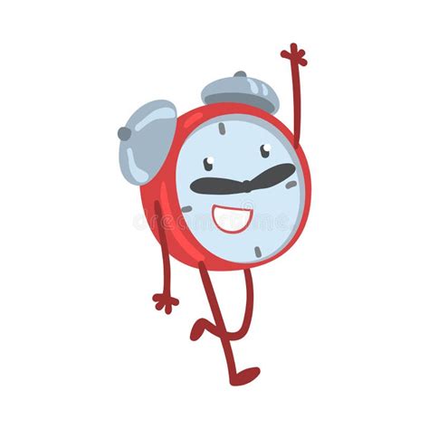 Red Smiling Alarm Clock Character Running And Waving Hand Vector