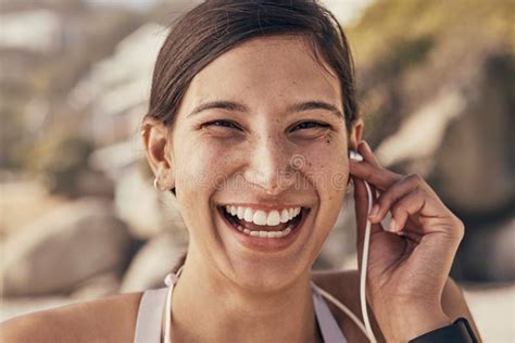 Music Fitness And Portrait Of Woman At The Beach For Running Training
