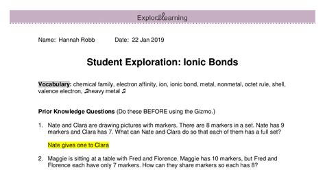 Ionic Bonds Gizmo Answer Key : Student Exploration Bohr Model Introduction Answer Exploration ...