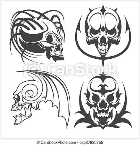 Set Of Tribal Skulls For Tattoo Isolated On White Canstock