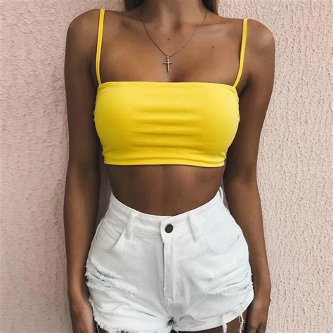 Women Sexy Solid Cotton Bralette Yellow Cropped Top Tumblr Fashion 2018 Summer Female Camisole