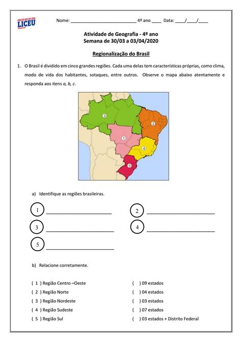 Atividade Regiões Do Brasil 4 Ano Educa