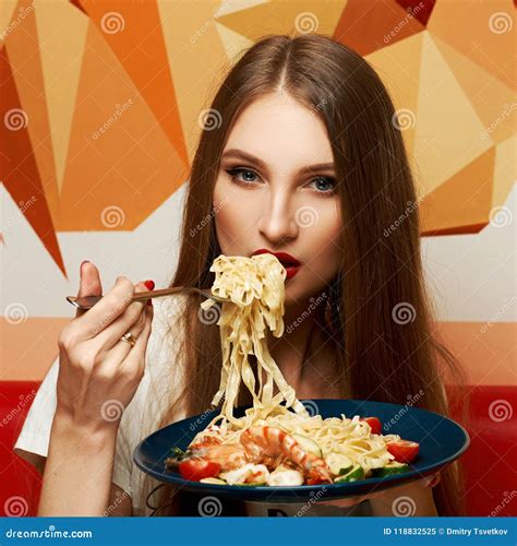 Attractive Woman Eating Seafood Pasta Stock Image Image Of Beauty Gorgeous