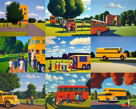 schoolbus and children, blue sky, summer evening, a | Stable Diffusion