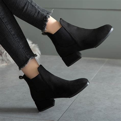 black ankle boots for women thick heel slip on fucha fashions