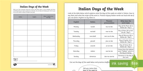 Italian Days Of The Week Worksheet Language Resource Twinkl