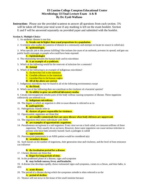 Microbiology Lecture Final Exams Review Questions And Answers Rated A