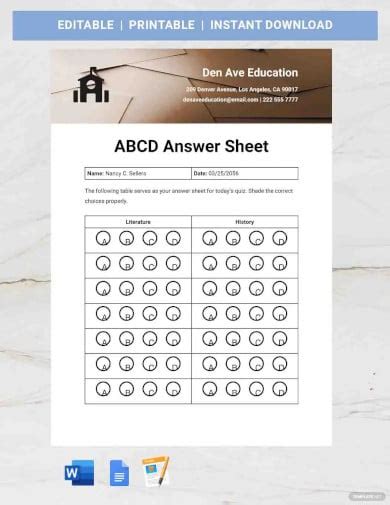 9 Printable Answer Sheet Templates Samples And Examples