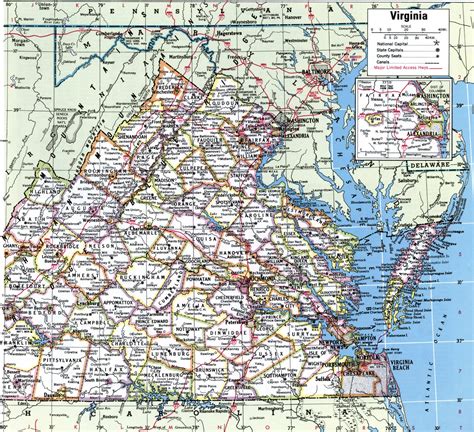 Map of Virginia showing county with cities and road highways