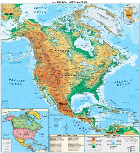 Mountains, rivers, river valleys, deserts and lakes are spectacularly depicted. United States And Canada Physical Map | Printable Map