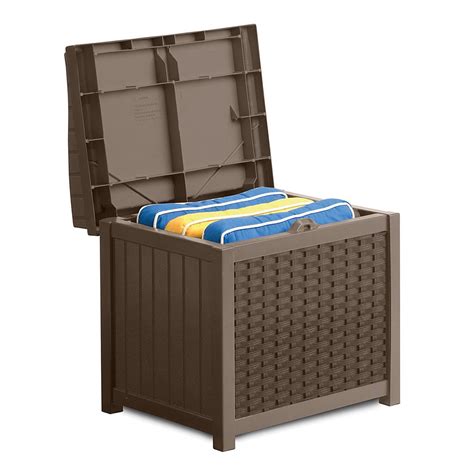 Suncast 22 Gallon Outdoor Resin Wicker Deck Storage Box With Seat Java