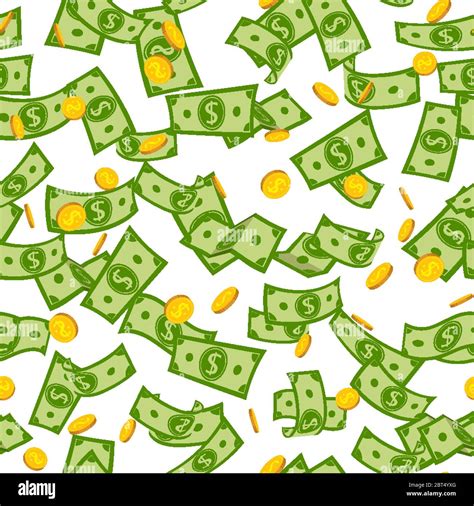 Money Rain Many Flat Cartoon Seamless Pattern Green Paper Notes And