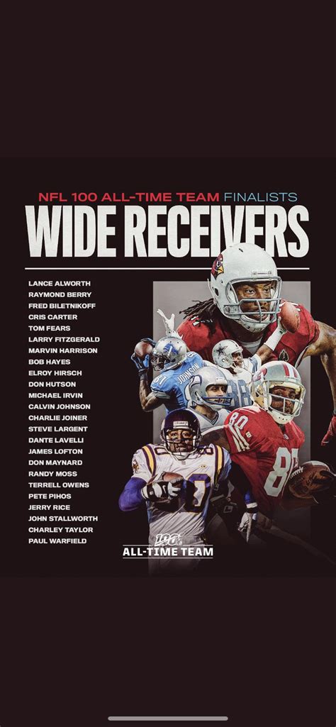Whether you're looking for size, speed, contested catch ability or any other skill, you'll be able to find it in this wide receiver class. NFL 100 All-Time Team Wide Receiver Finalist ...