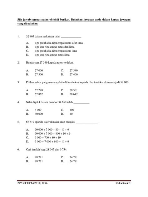 2 soalan 1 ( / 6 markah) 3. Soalan Mt Tahun 4 k1 Kssr - Ppt 2014 (1)