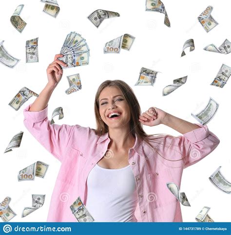 Portrait Of Happy Young Woman With Money Stock Image Image Of
