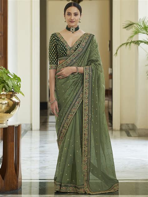 Olive Green Art Silk Saree With All Over Sequins Chakra Motif And Meena Bail Butta Dori Zari