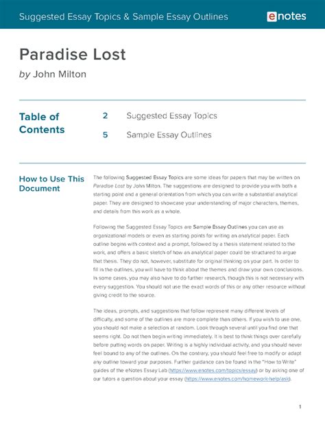 Paradise Lost Essay Topics And Outlines