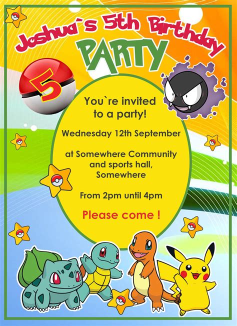 Personalised Pokemon Theme Birthday Invitation 10pk