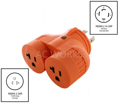Ac Works® V Duo Outlet Adapter Nema L14 30p To 2 20 Amp T Blades Ac