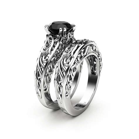 Vintage Black Diamond Engagement Ring Set 2 Ct Black Diamond Art Deco