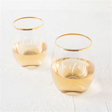 Cathy S Concepts Pc Hubby Wifey Gold Rim Stemless Wine Glass Set Engraved Wine Glasses