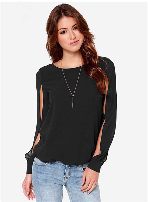 Womens Fashion Solid Slit Long Sleeve Pullover Blouse