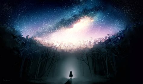 Download 1920x1136 Stars Dark Forest Fantasy Girl Alone Wallpapers