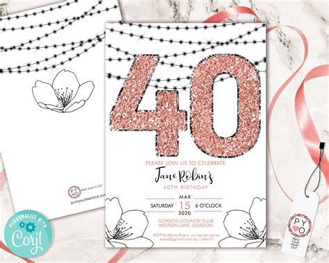 Rose Gold 40th Birthday Floral Invitation Template Pink Glitter