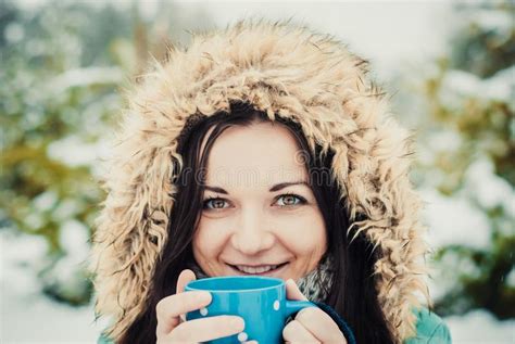 Woman With Big Blue Mug Of Hot Drink During Cold Day Stock Image Image Of People Person