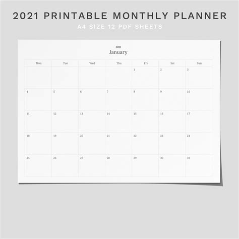 2021 Printable Monthly Calendar Monthly Planner Wall Etsy