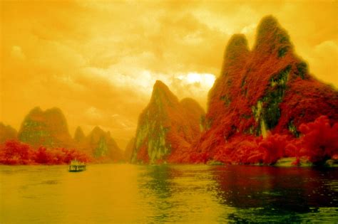 Li River Red Vergetation Boat Mountains Yellow River Hd