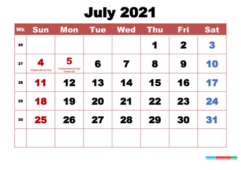 Printable July 2021 Calendar With Holidays Word Pdf