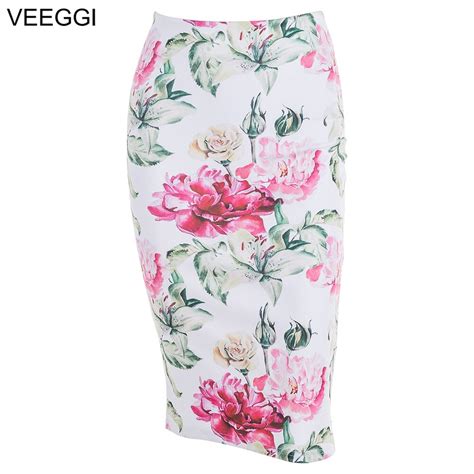 veeggi elegant white vintage high waist floral printing midi skirt bodycon pencil skirt women