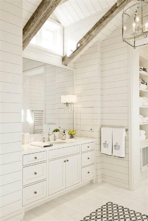 Shiplap ceiling, white shiplap, vaulted study. White master bathroom features a shiplap vaulted ceiling ...