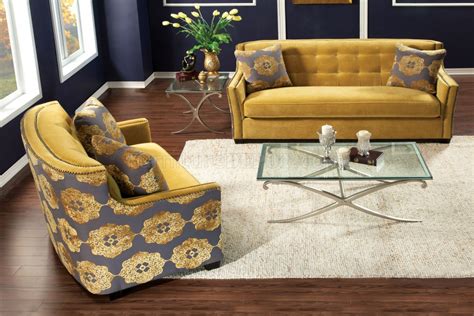 Contemporary navy velvet 3pc sofa set living room furniture gold & chrome legs. SM2211 Federico Sofa in Gold Tone Fabric w/Options