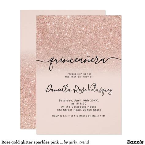 Rose Gold Glitter Sparkles Pink Ombre Quinceanera Invitation Zazzle