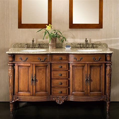 Single bathroom vanity boasts a sophisticated dark gray finish topped with a gleaming white ceramic sink. Ove Decors Chestnut Double Vanity with Granite Top in ...