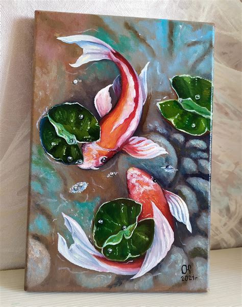 Koi Fish Original Painting Koi Carp Artwork Goldfish Oil Etsy Uk