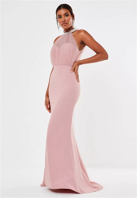 missguided blush diamante organza halterneck maxi bridesmaid dress in 2021 dusty pink