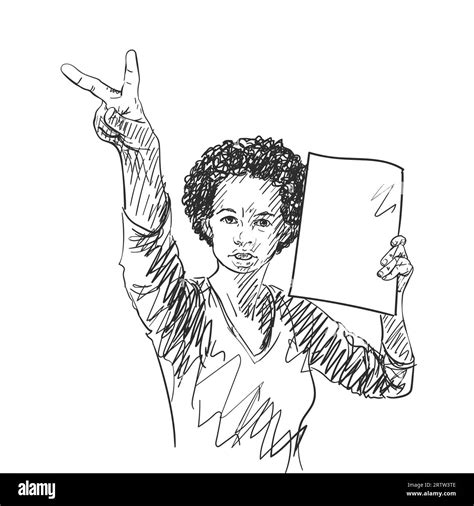Protest African American Woman With Empty Sign Board Showing V Sign Vector Sketch Hand Drawn