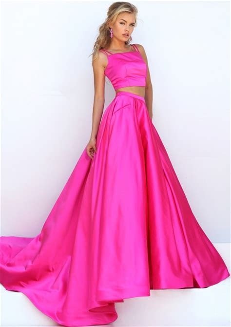 Gorgeous Two Piece Hot Pink Silk Satin Prom Dress With Spaghetti Straps